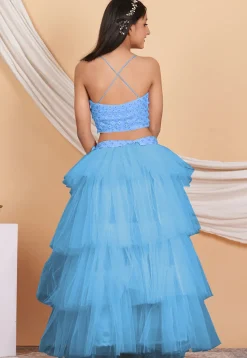 Embroidered Net Ruffled Lehenga in Pastel Blue