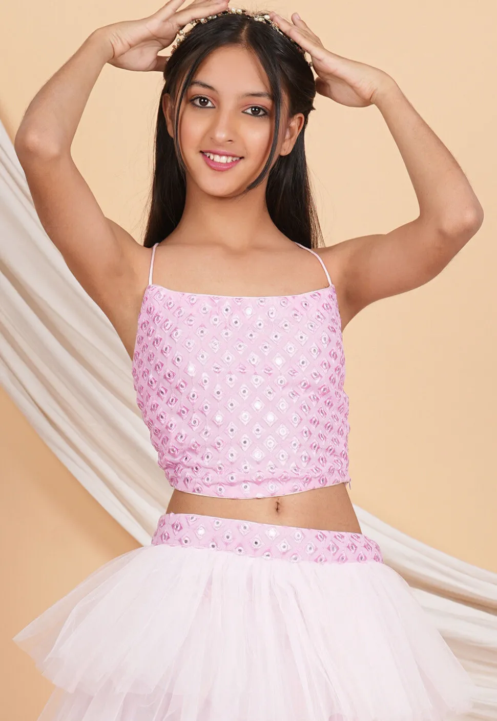 Embroidered Net Ruffled Lehenga in Baby Pink