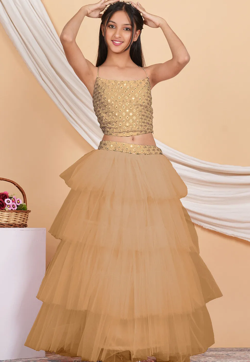 Embroidered Net Ruffled Lehenga in Beige