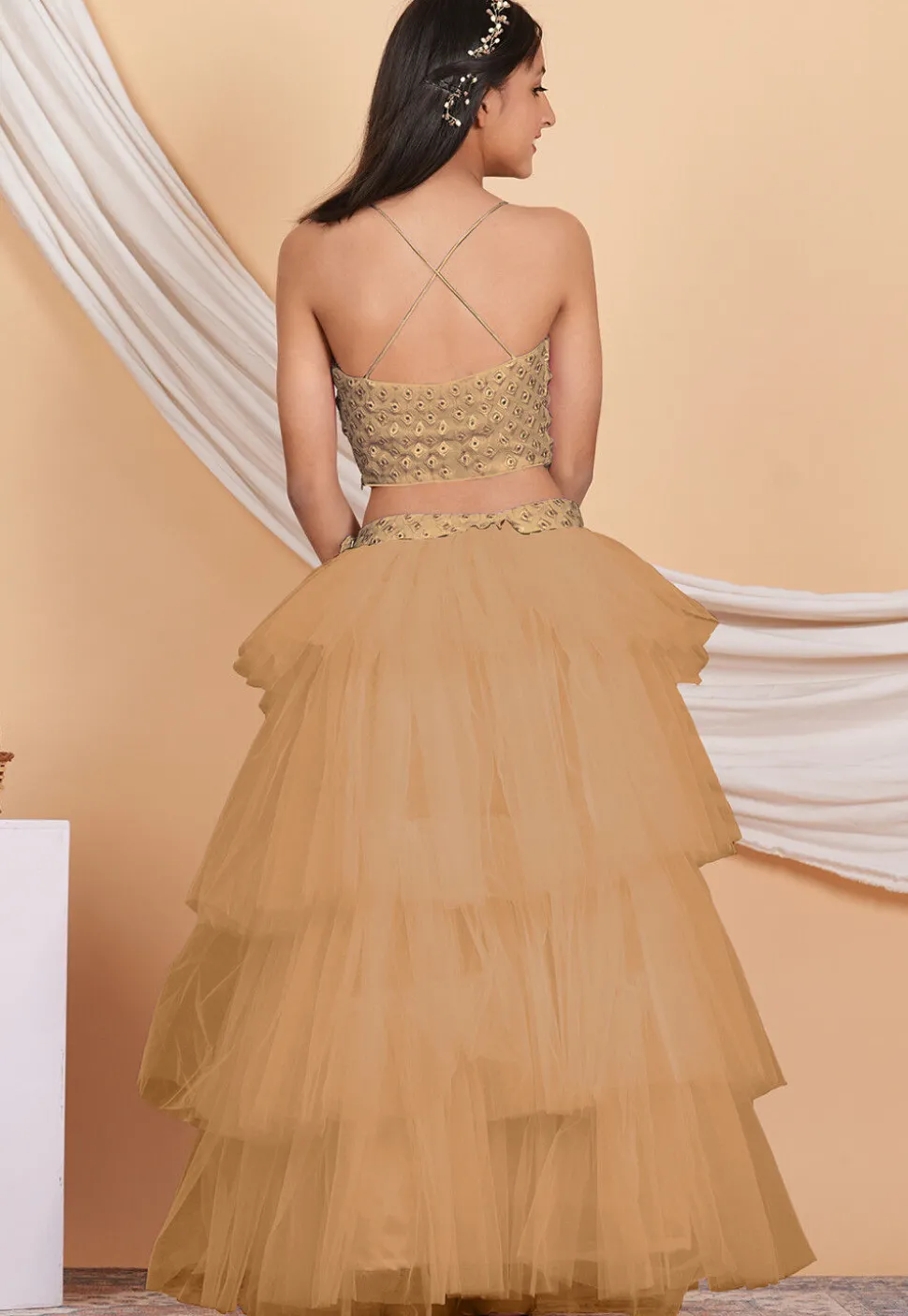 Embroidered Net Ruffled Lehenga in Beige