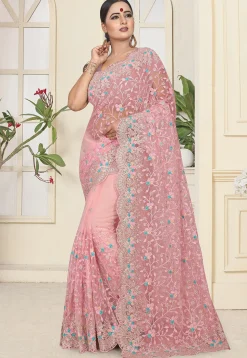 Embroidered Net Saree in Baby Pink
