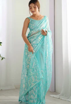 Embroidered Net Saree in Sky Blue