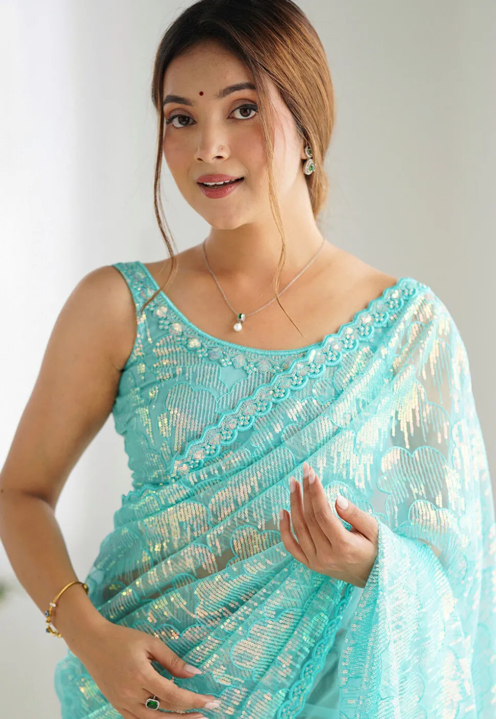 Embroidered Net Saree in Sky Blue