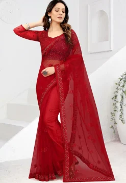 Embroidered Net Saree in Red