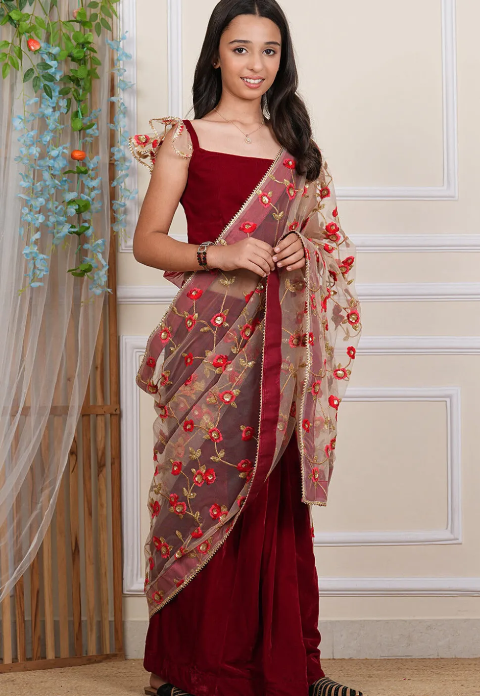 Embroidered Net Saree in Beige and Maroon