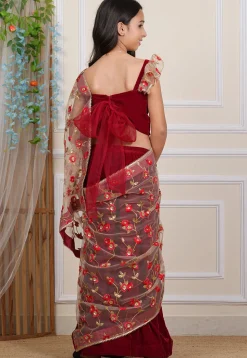 Embroidered Net Saree in Beige and Maroon