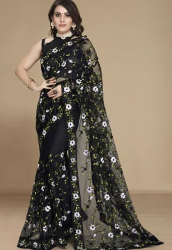 Embroidered Net Saree in Black