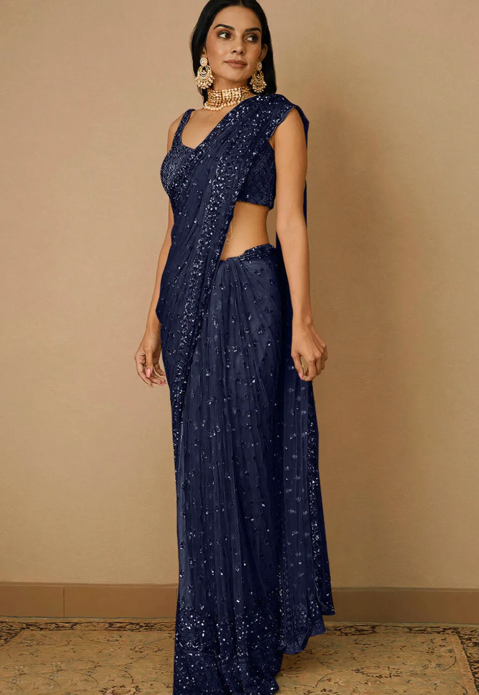 Embroidered Net Saree in Navy Blue