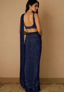 Embroidered Net Saree in Navy Blue