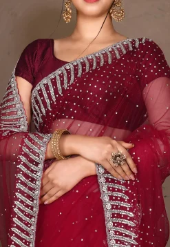 Embroidered Net Saree in Red
