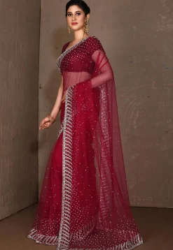 Embroidered Net Saree in Red