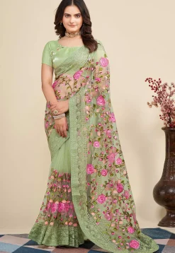 Embroidered Net Saree in Dusty Green