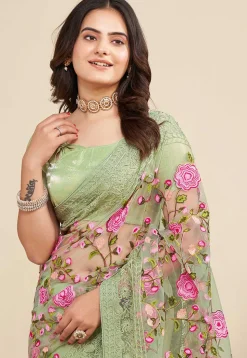 Embroidered Net  Saree in Dusty Green
