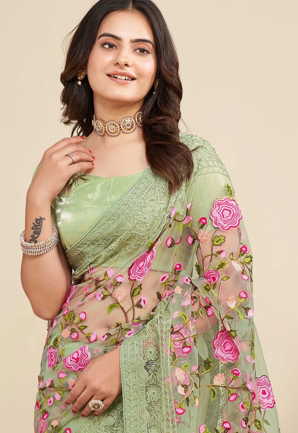 Embroidered Net Saree in Dusty Green