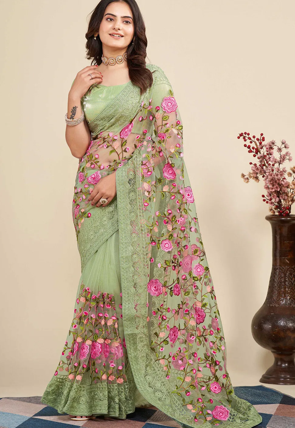 Embroidered Net Saree in Dusty Green