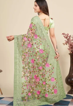 Embroidered Net Saree in Dusty Green