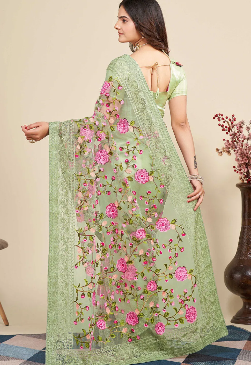 Embroidered Net Saree in Dusty Green