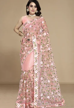 Embroidered Net Saree in Peach