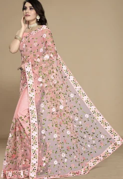 Embroidered Net Saree in Peach