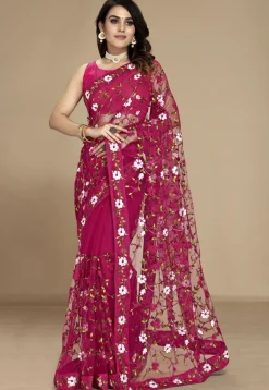 Embroidered Net Saree in Fuchsia