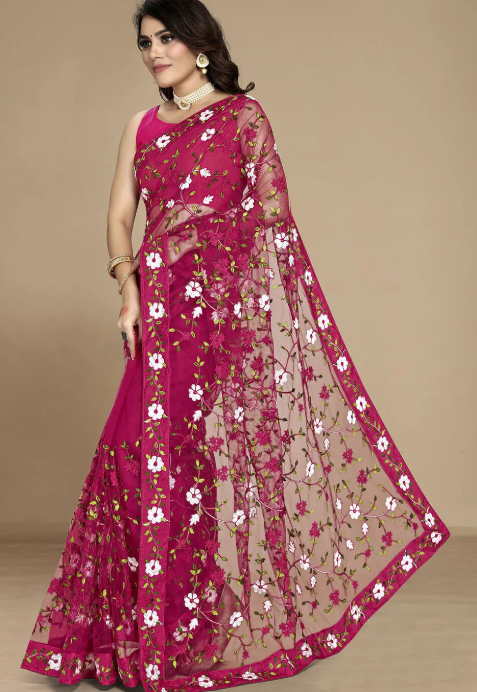 Embroidered Net Saree in Fuchsia