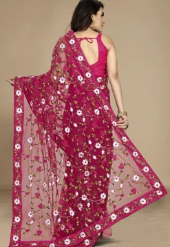 Embroidered Net Saree in Fuchsia