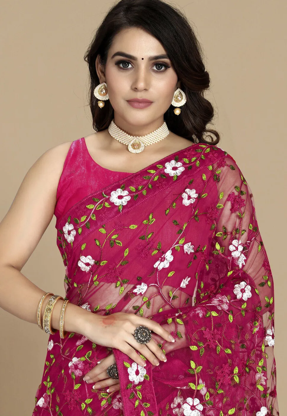Embroidered Net Saree in Fuchsia