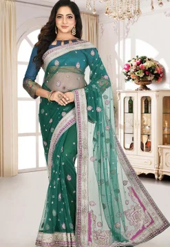 Embroidered Net Saree in Teal Green