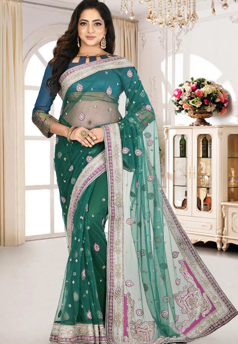 Embroidered Net Saree in Teal Green