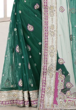 Embroidered Net Saree in Teal Green