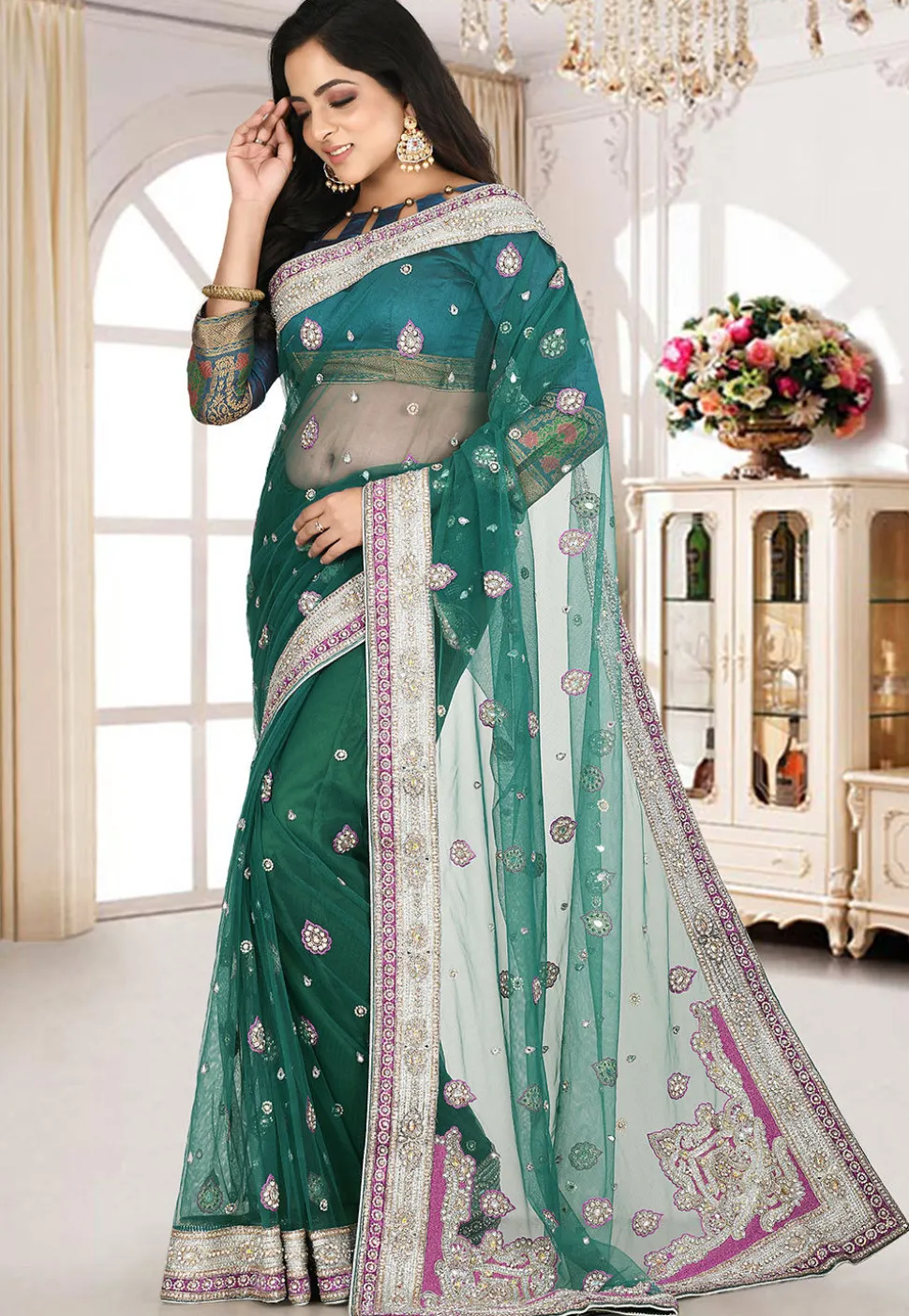 Embroidered Net Saree in Teal Green