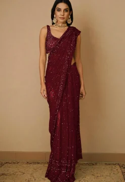 Embroidered Net Saree in Maroon