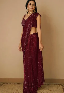 Embroidered Net Saree in Maroon