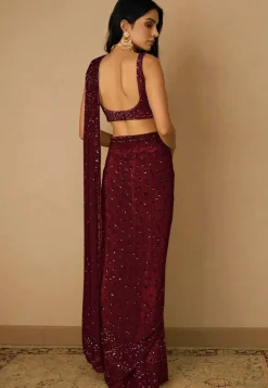 Embroidered Net Saree in Maroon
