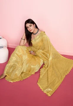 Embroidered Net Saree in Yellow