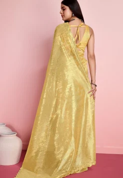 Embroidered Net Saree in Yellow