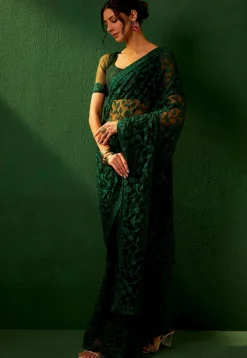 Embroidered Net Saree in Dark Green