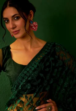 Embroidered Net Saree in Dark Green