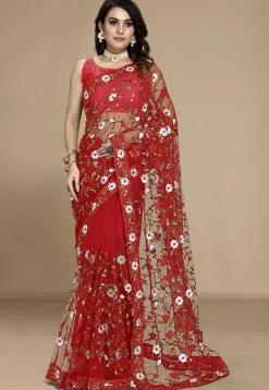 Embroidered Net Saree in Red