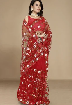 Embroidered Net Saree in Red