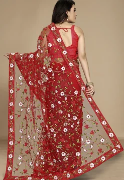 Embroidered Net Saree in Red