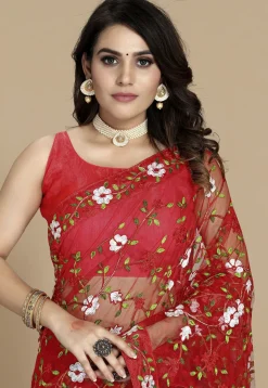 Embroidered Net Saree in Red