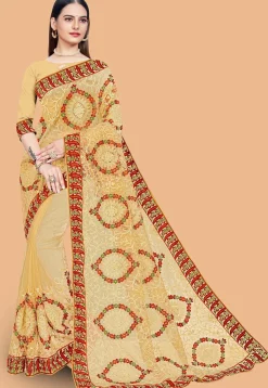 Embroidered Net Saree in Beige