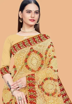 Embroidered Net Saree in Beige