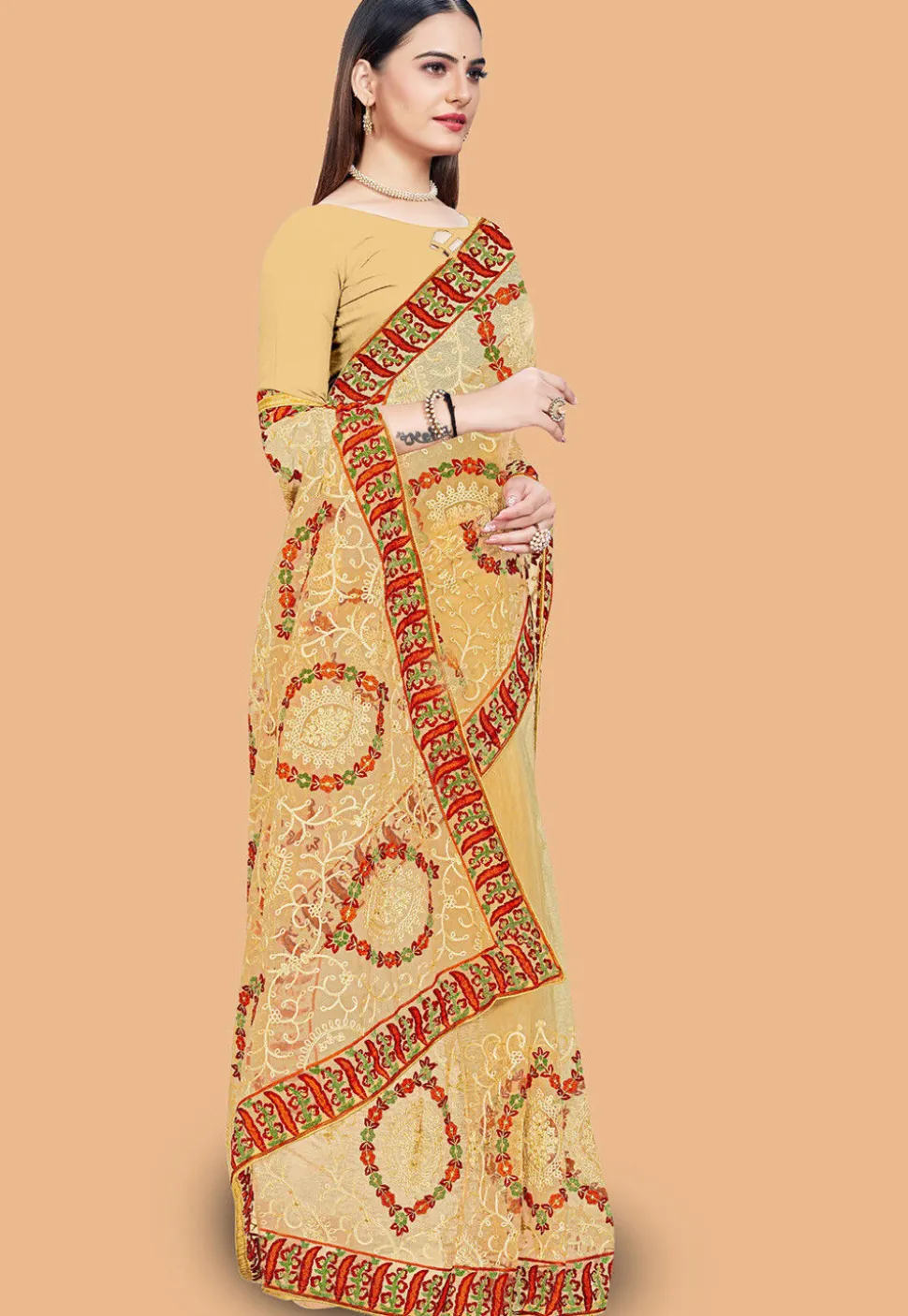 Embroidered Net Saree in Beige