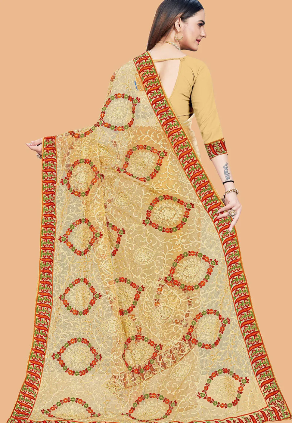Embroidered Net Saree in Beige