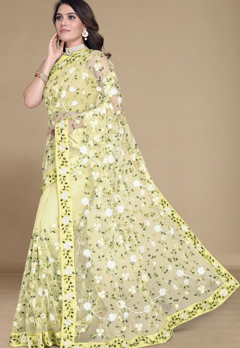 Embroidered Net Saree in Yellow