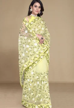 Embroidered Net Saree in Yellow