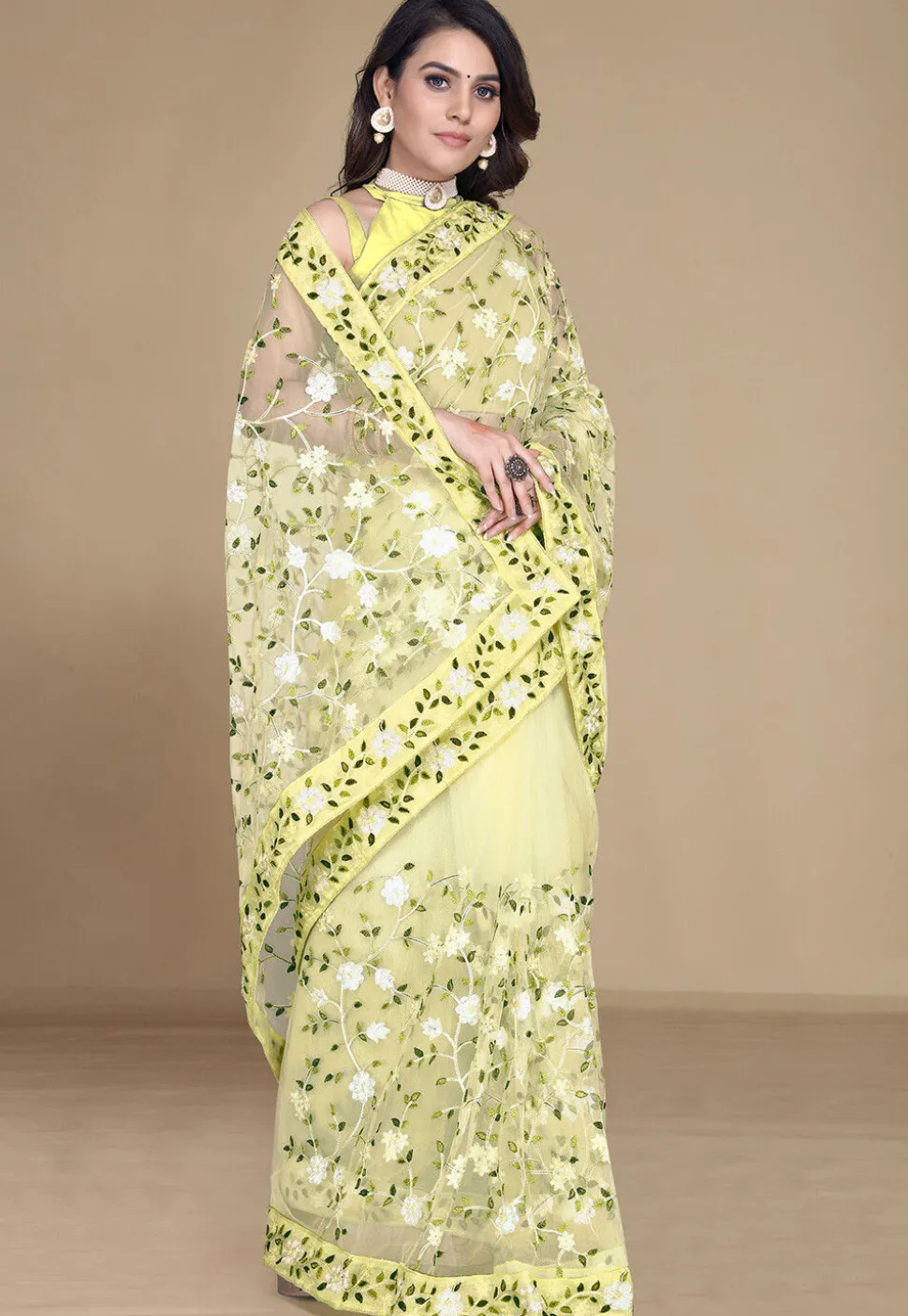 Embroidered Net Saree in Yellow