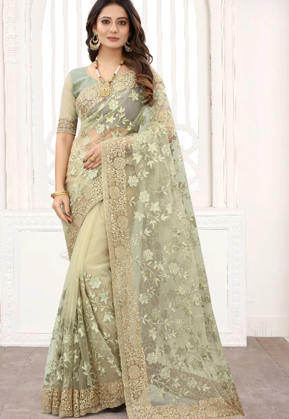 Embroidered Net Saree in Dusty Green
